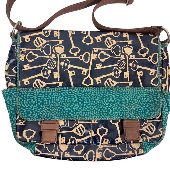 Fossil Key Per Coated Canvas Messenger Bag Blue Key Print Adjustable Strap - Picture 3 of 16